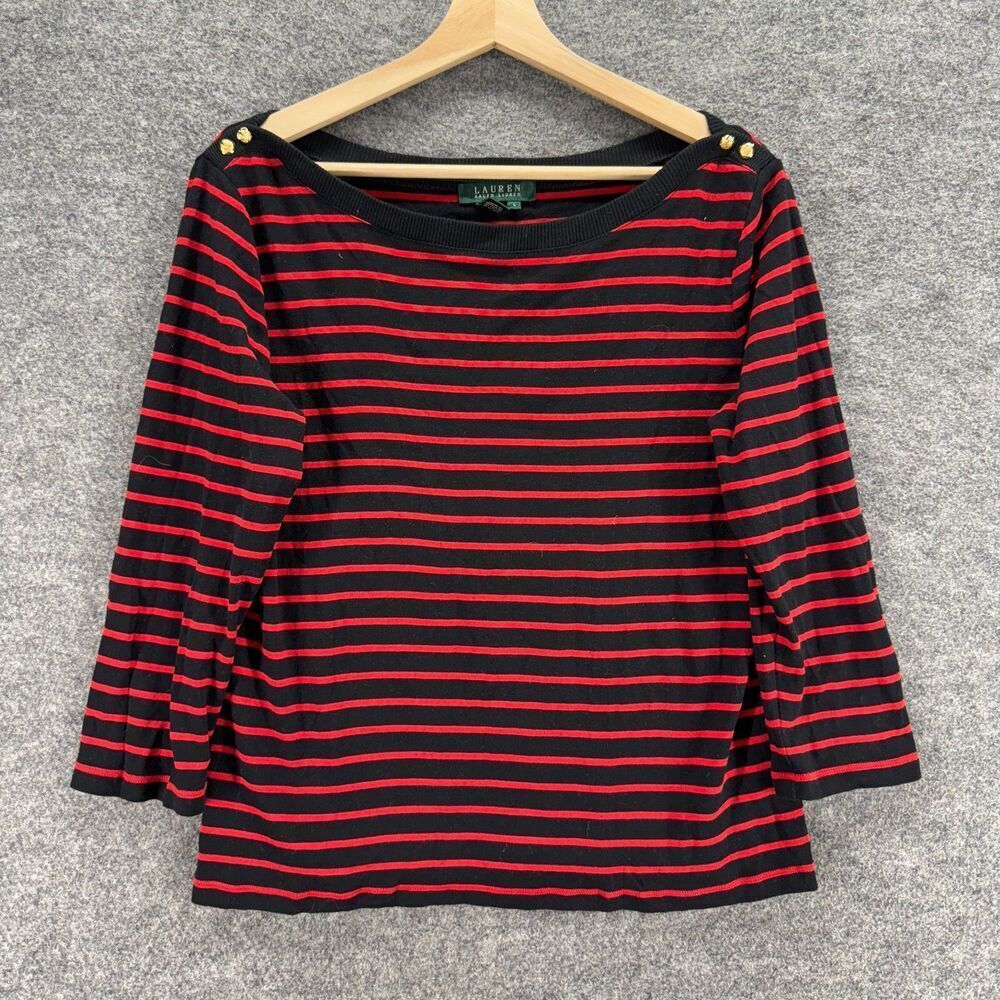 Ralph Lauren Sweater Pullover Women L Large Black Striped Long Sleeve Cotton